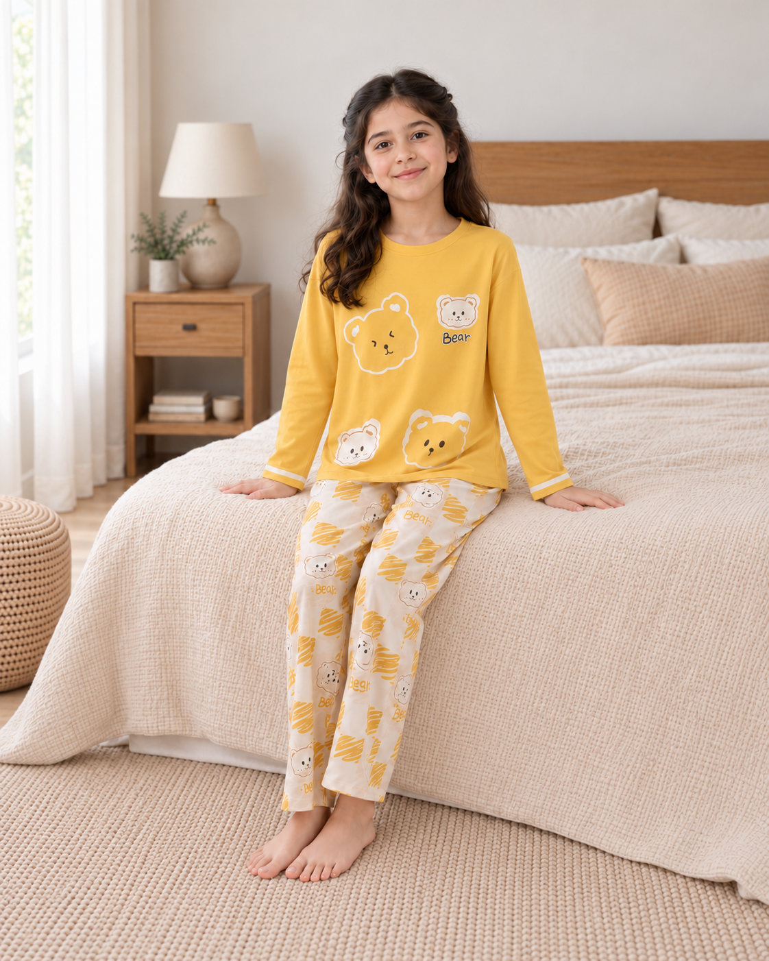 Yellow Panda Full Sleeve Night Suit for Girls - pose 1