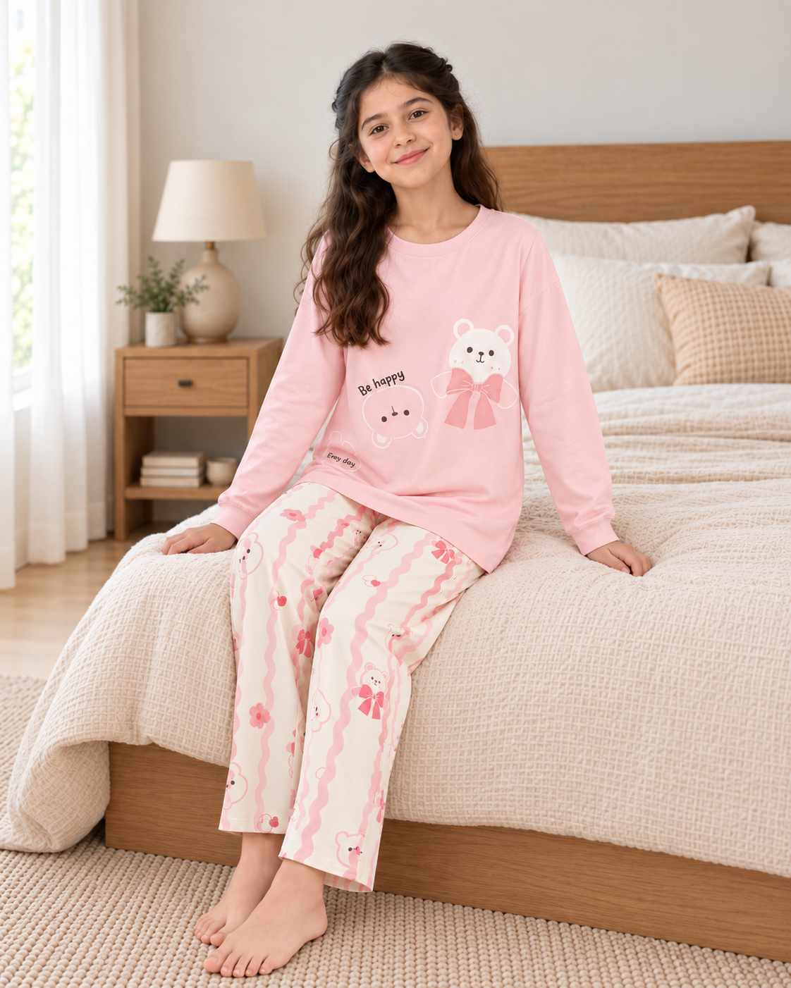 Pink Panda Full Sleeve Night Suit for Girls - pose 1