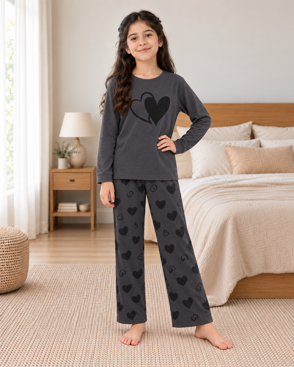 Grey Heart Full Sleeve Night Suit for Girls - pose 1