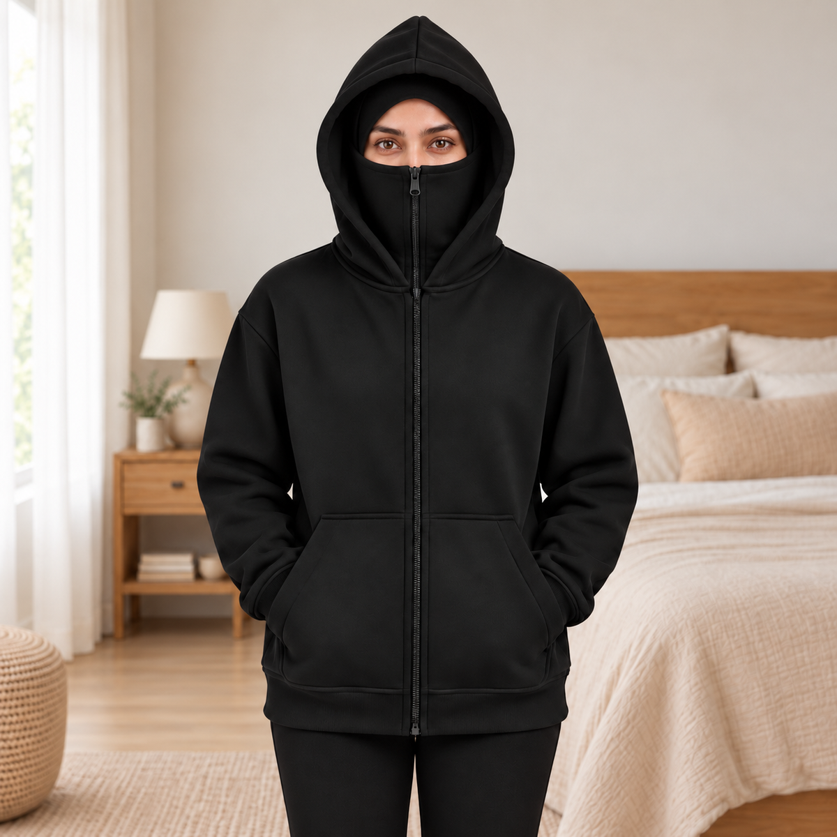 Women's Black High-Zip Fleece Balaclava Hoodie - pose 1