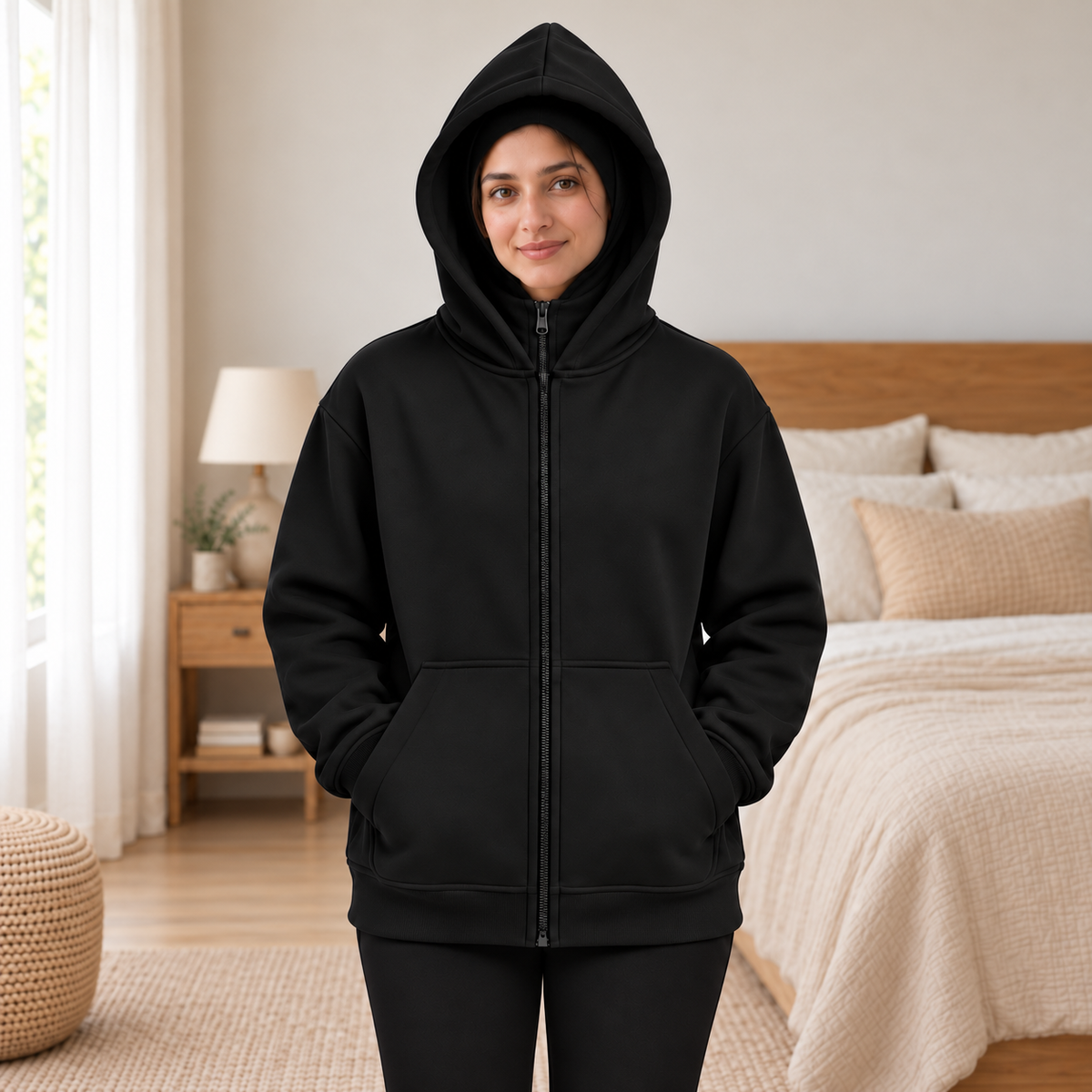 Women's Black High-Zip Fleece Balaclava Hoodie - pose 2
