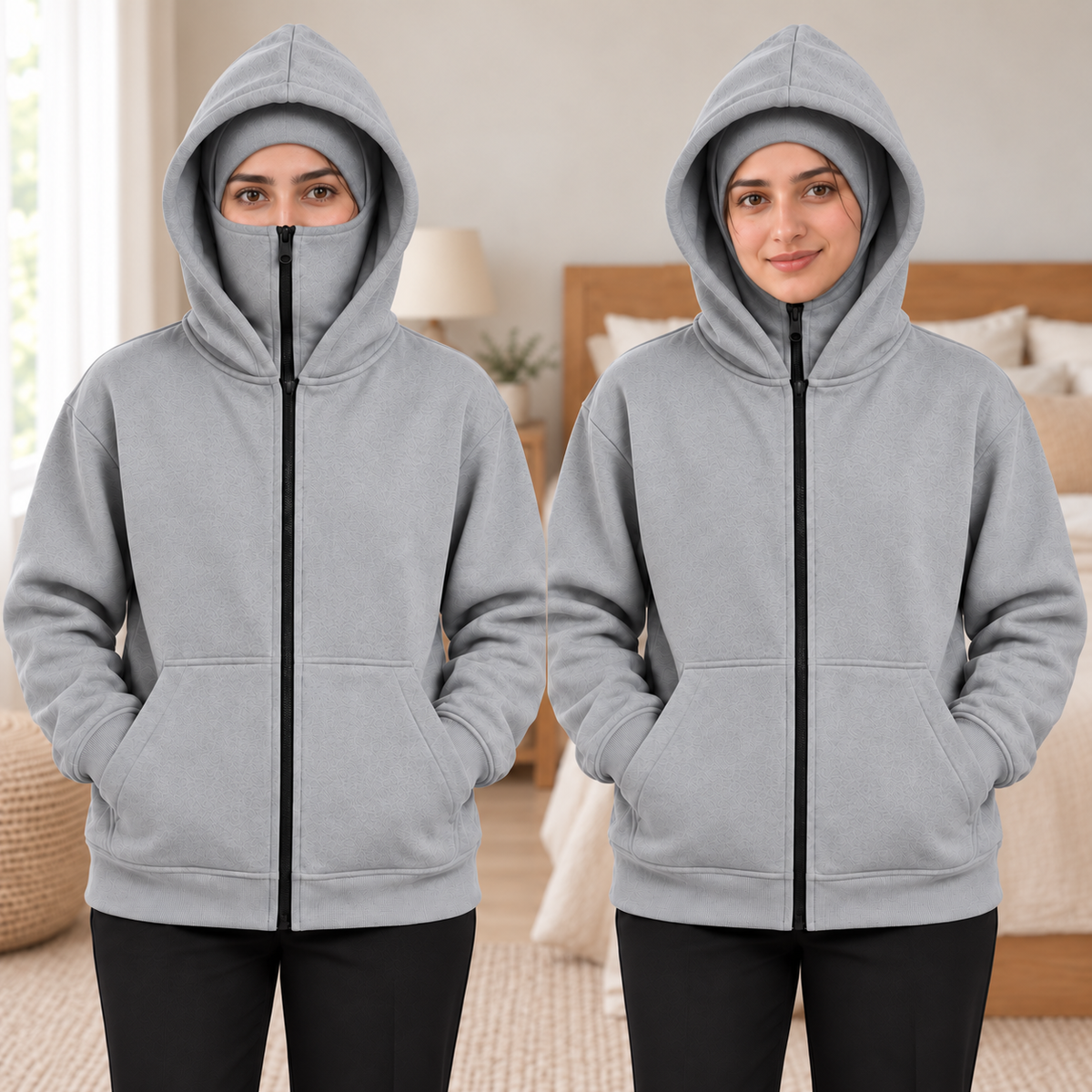 Women's Grey High-Zip Fleece Balaclava Hoodie - pose 3