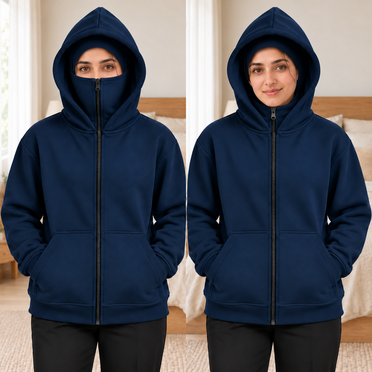 Women's Navy High-Zip Fleece Balaclava Hoodie - pose 3