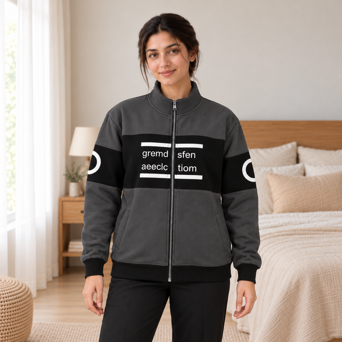 Women's Charcoal & Black Colourblock Fleece Zip-Up Jacket - pose 1