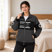 Women's Charcoal & Black Colourblock Fleece Zip-Up Jacket - pose 3