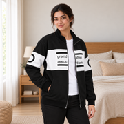 Women's Black & White Colourblock Fleece Zip-Up Jacket - pose 2