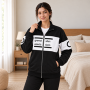 Women's Black & White Colourblock Fleece Zip-Up Jacket - pose 3