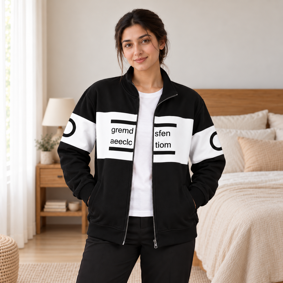 Women's Black & White Colourblock Fleece Zip-Up Jacket - pose 4