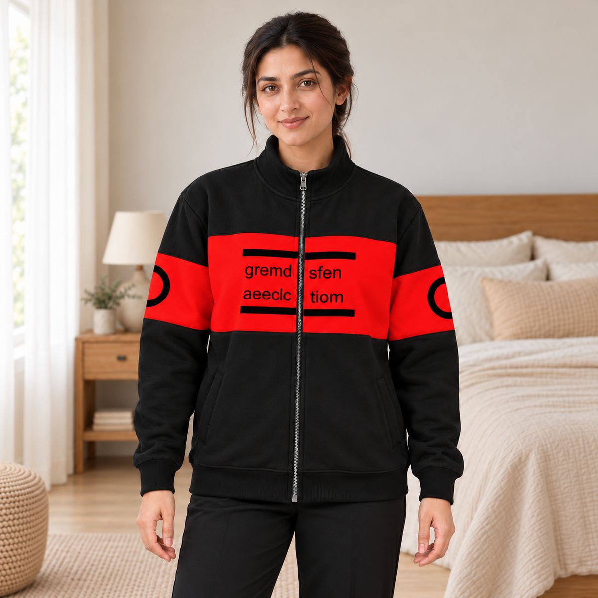 Women's Black & Red Colourblock Fleece Zip-Up Jacket - pose 1