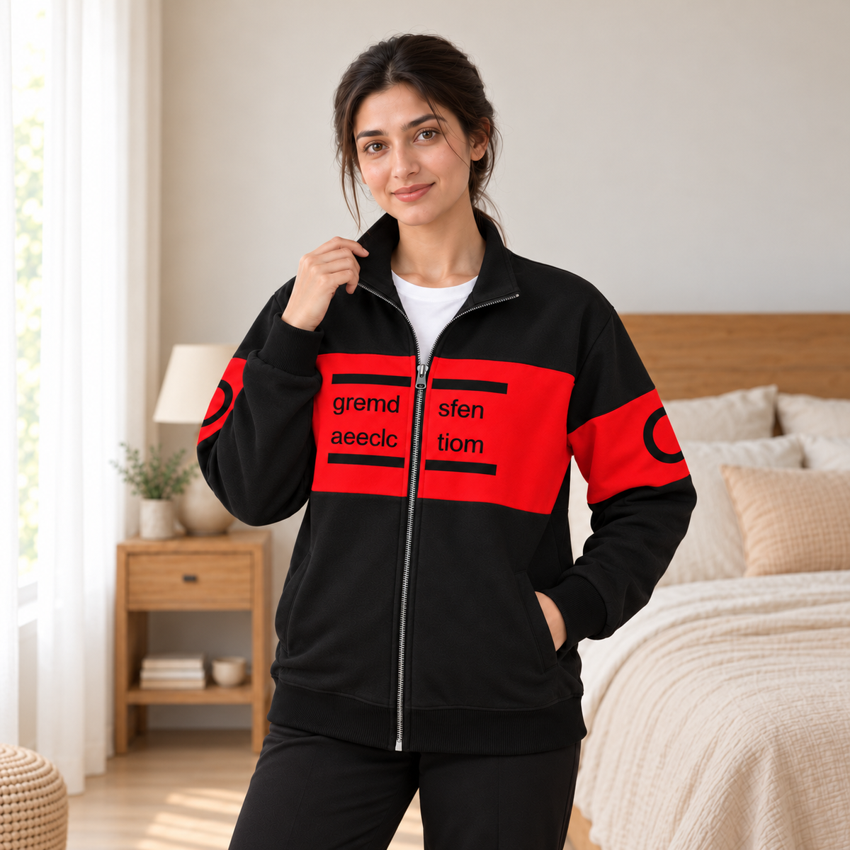 Women's Black & Red Colourblock Fleece Zip-Up Jacket - pose 3
