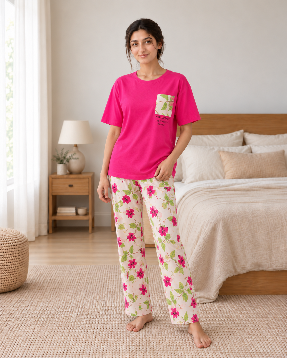Atish Leaf Pocket Style Printed Night Suit - front view