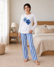 Blue Flower Full Sleeve Night Suit for Women - front view