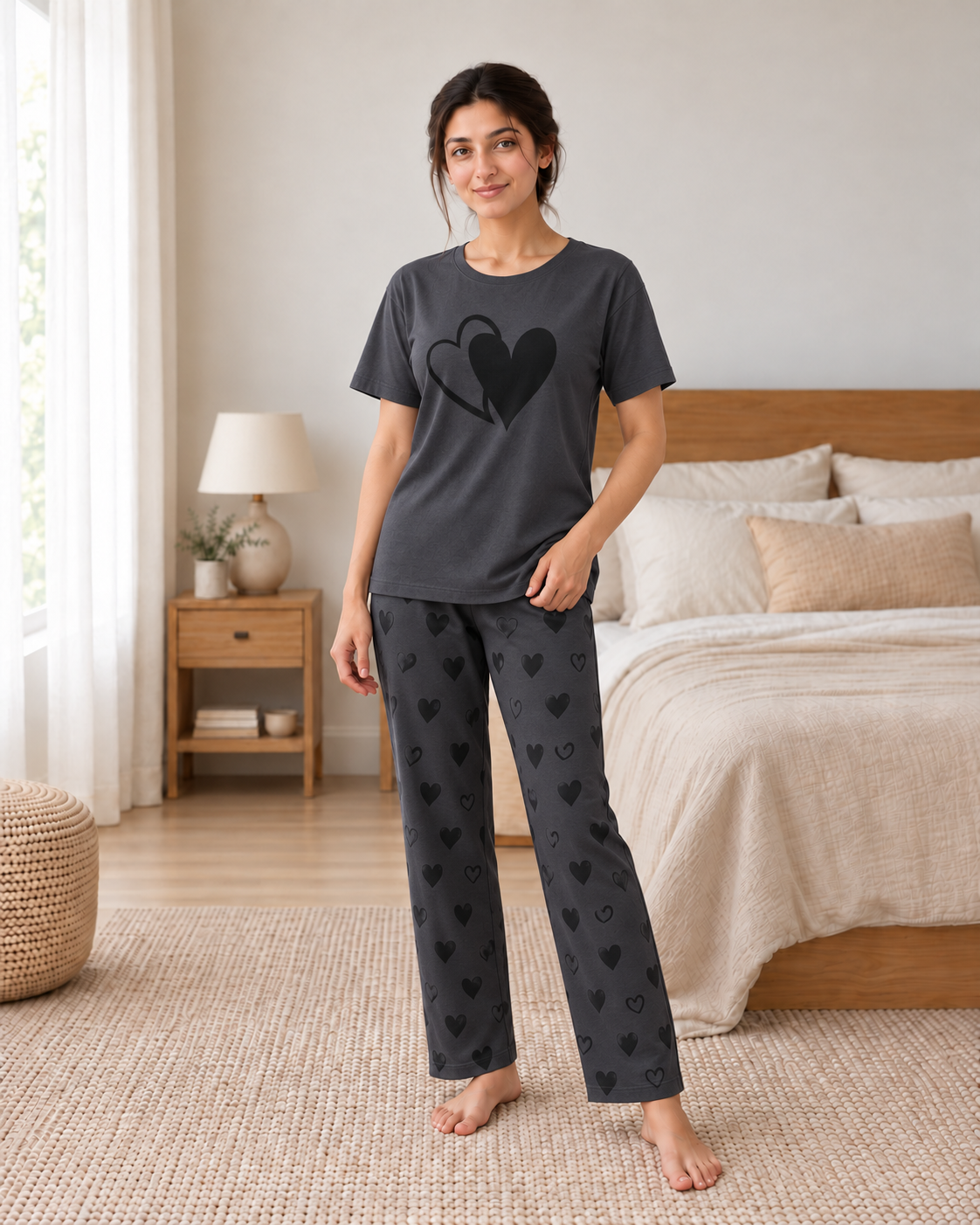 Grey Heart Printed Night Suit - front view