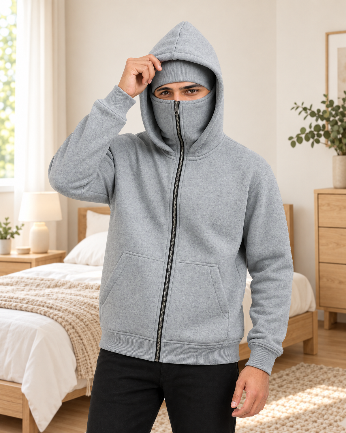 Grey Plain High-Zip Fleece Balaclava Hoodie - front view