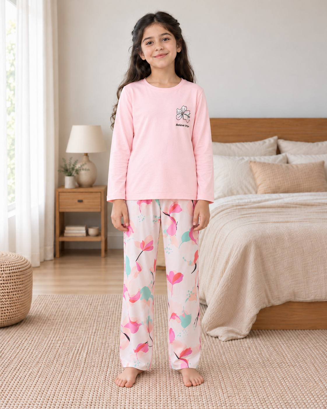 Pink Bird Full Sleeve Night Suit for Girls - front view