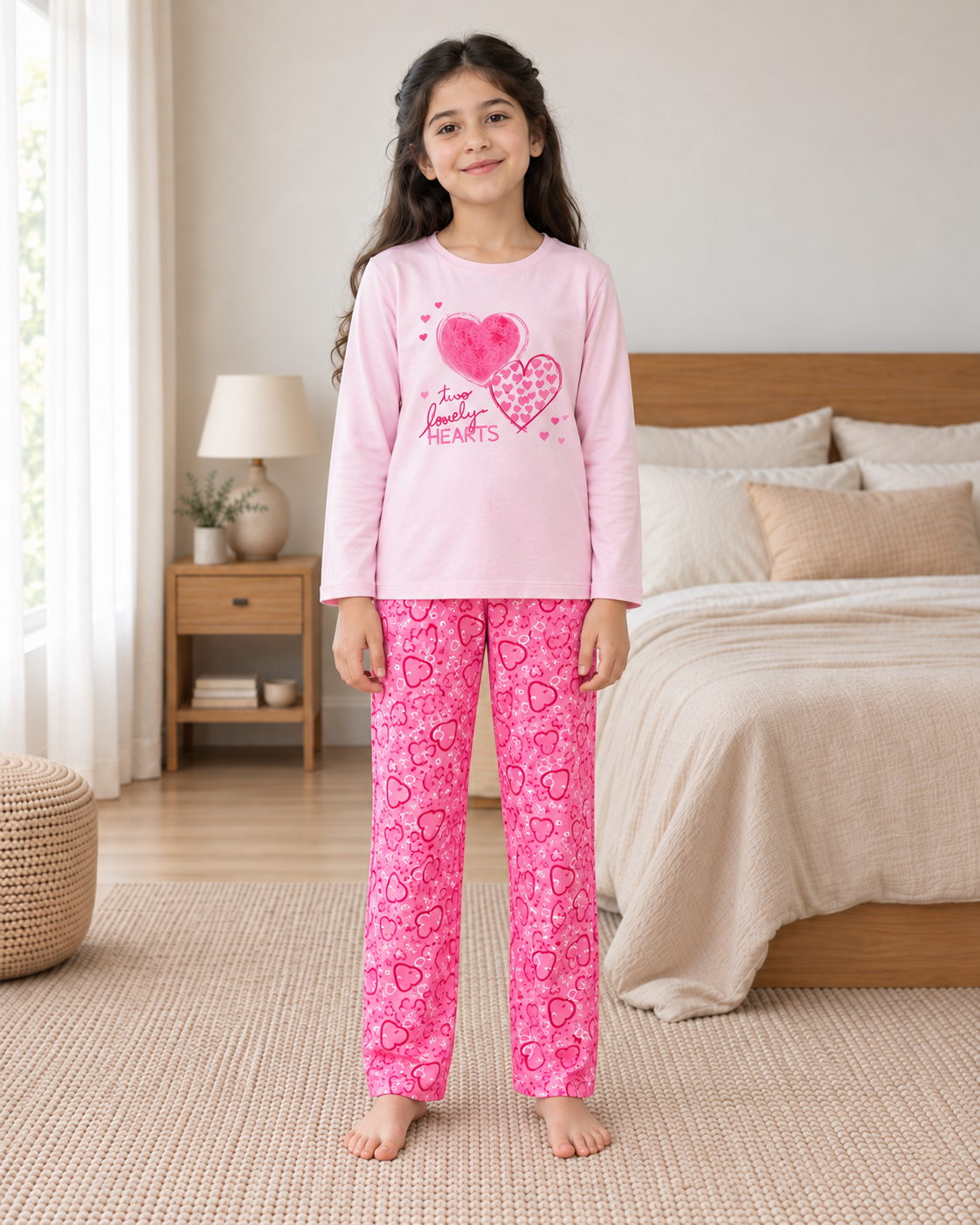 Pink Heart Full Sleeve Night Suit for Girls - front view
