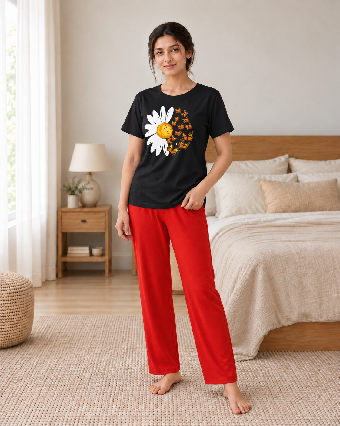 Red Sunflower Black And Red Night Suit - front view