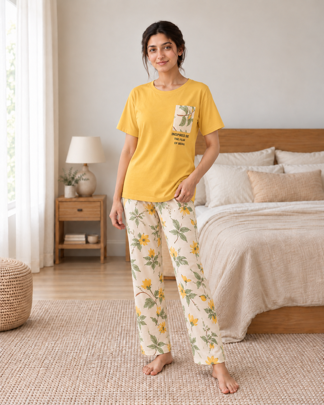 Yellow Leaf With Pocket Printed Night Suit - front view