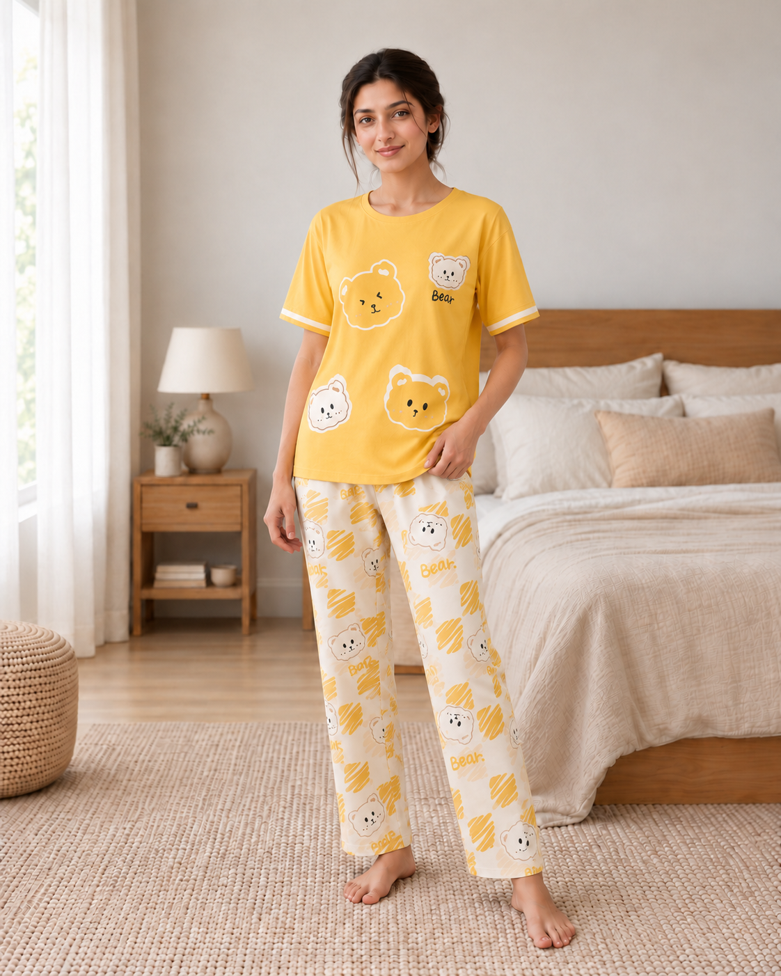 Yellow Panda Printed Night Suit - front view