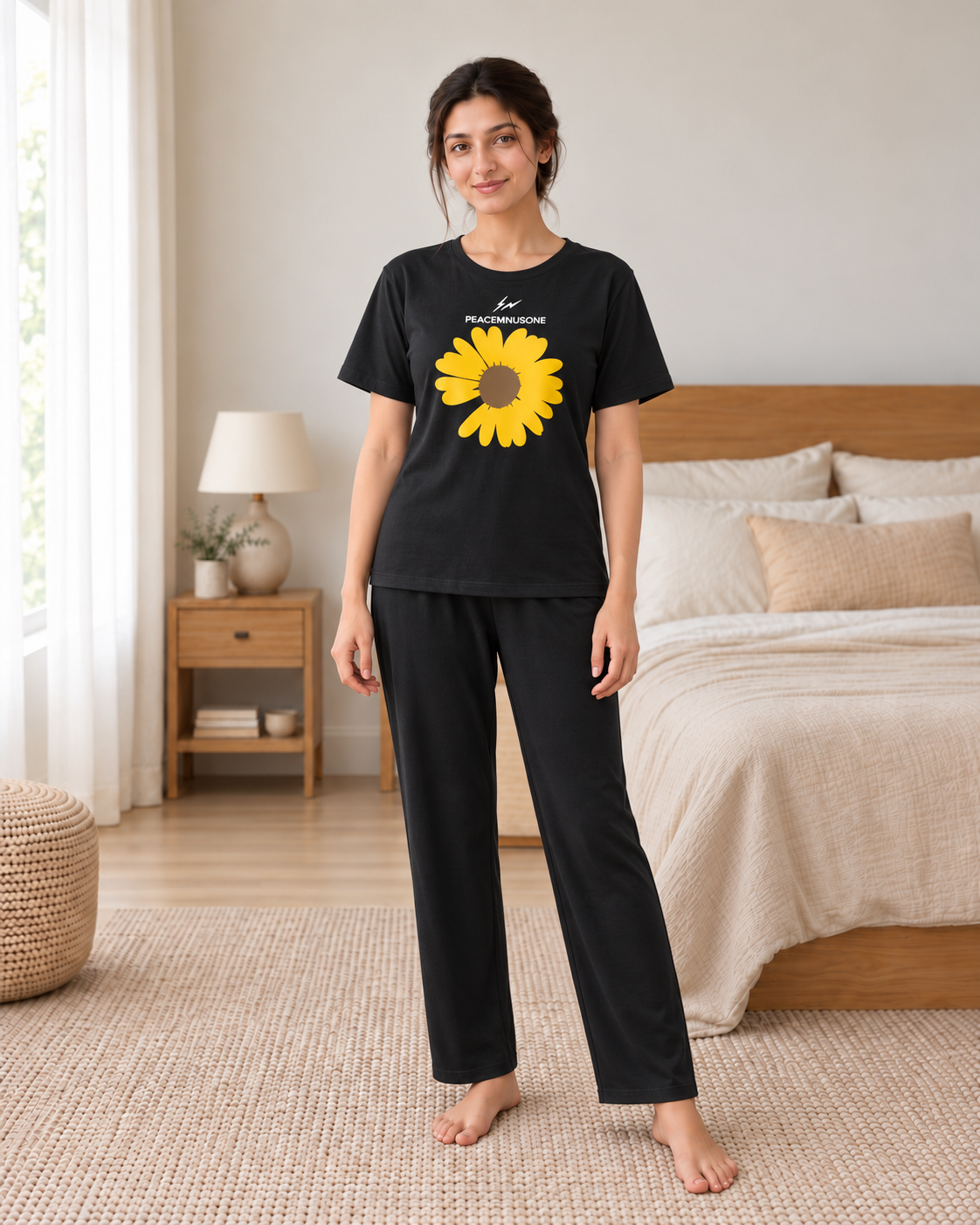 Yellow Sunflower Black Night Suit - front view