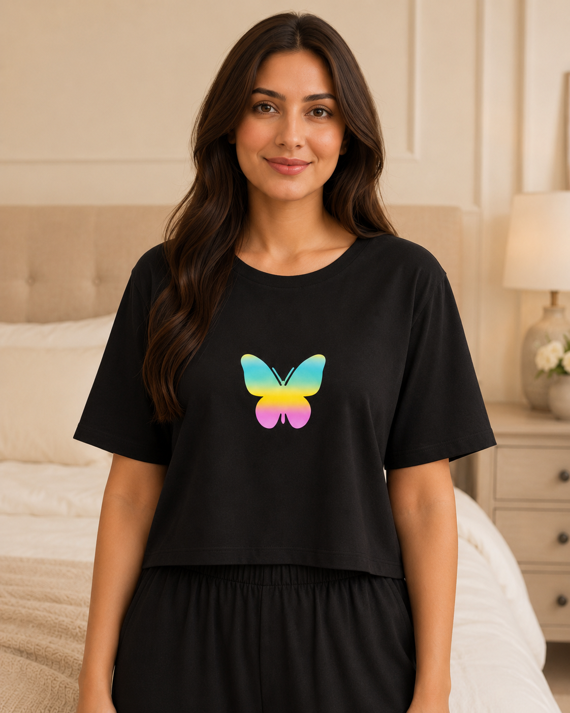 New butterfly black night suit upper body detail