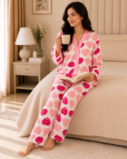 Pink Heart Premium button-down Night Suit
