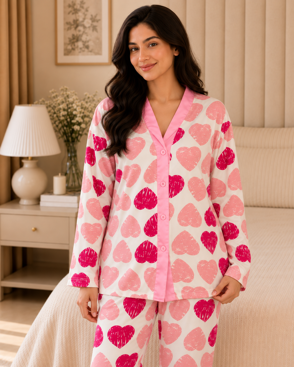 Pink Heart Premium button-down Night Suit