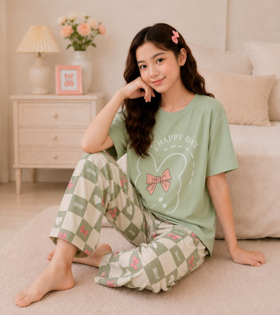 Pista Green Bunny Bow Girls Night Suit