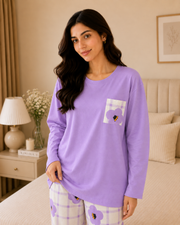 Purple Flower Pocket Full Sleeve Night Suit for women