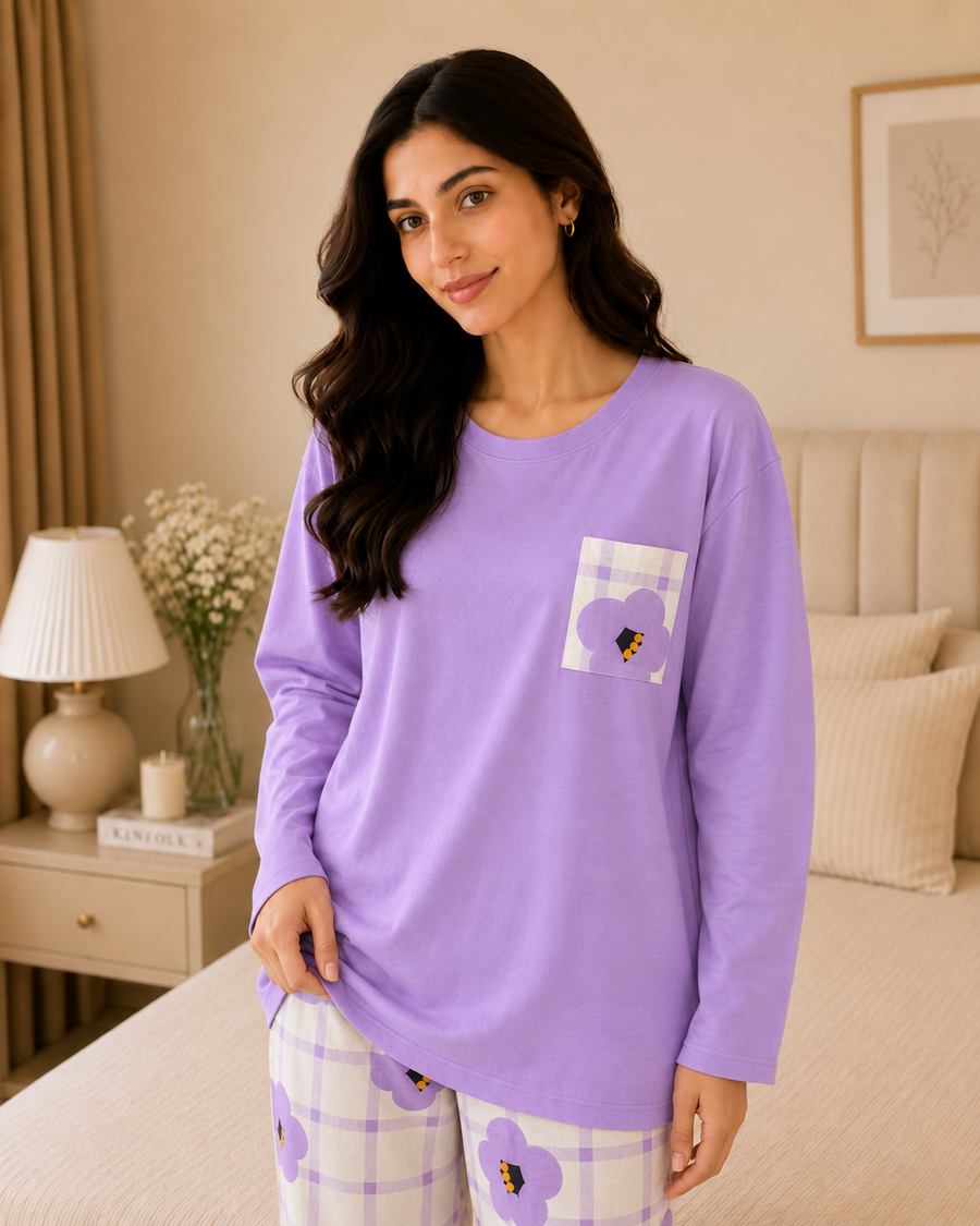 Purple Flower Pocket Full Sleeve Night Suit for women