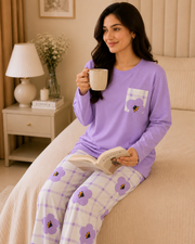 Purple Flower Pocket Full Sleeve Night Suit for women