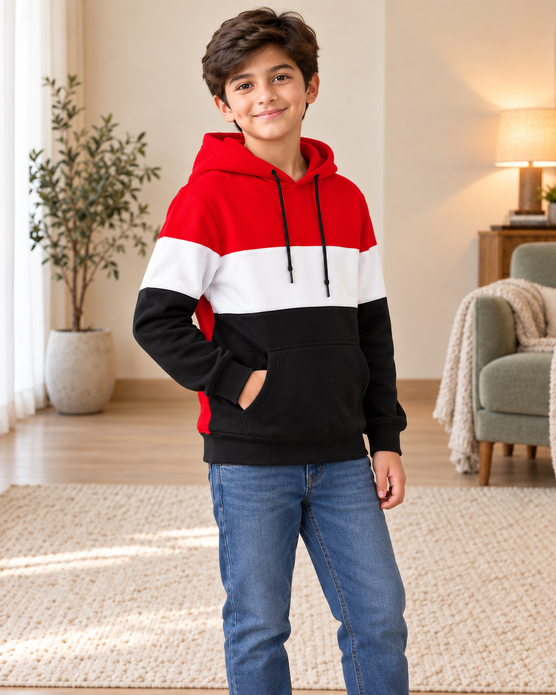 Kids Red, White & Black Color-Block Hoodie