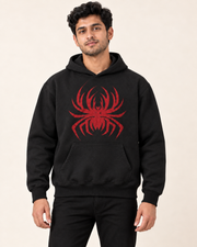 Black Red Spider Web Fleece Hoodie — front view on model