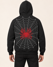 Black Red Spider Web Fleece Hoodie — back view on model