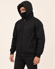 Black Cyber Mask hoodie plain front model view with high zip collar