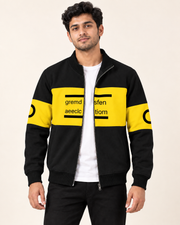 Black and yellow colourblock fleece zip-up jacket shown on a model