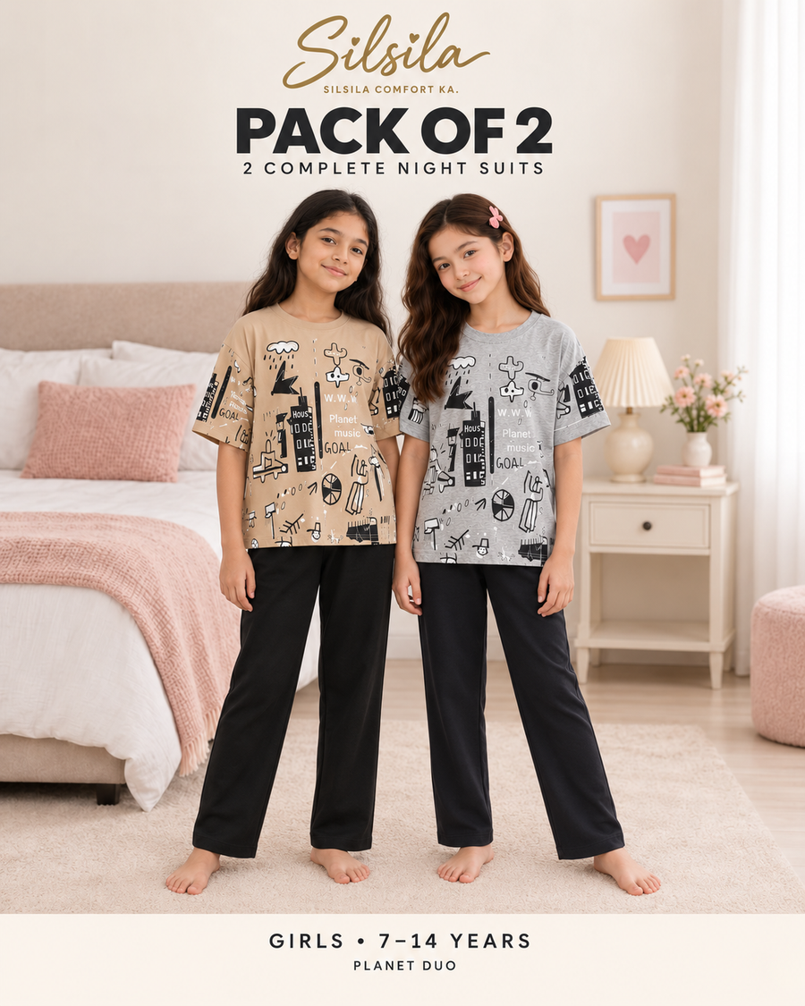 Pack of 2 Girls Night Suits – Brown Planet + Grey Planet