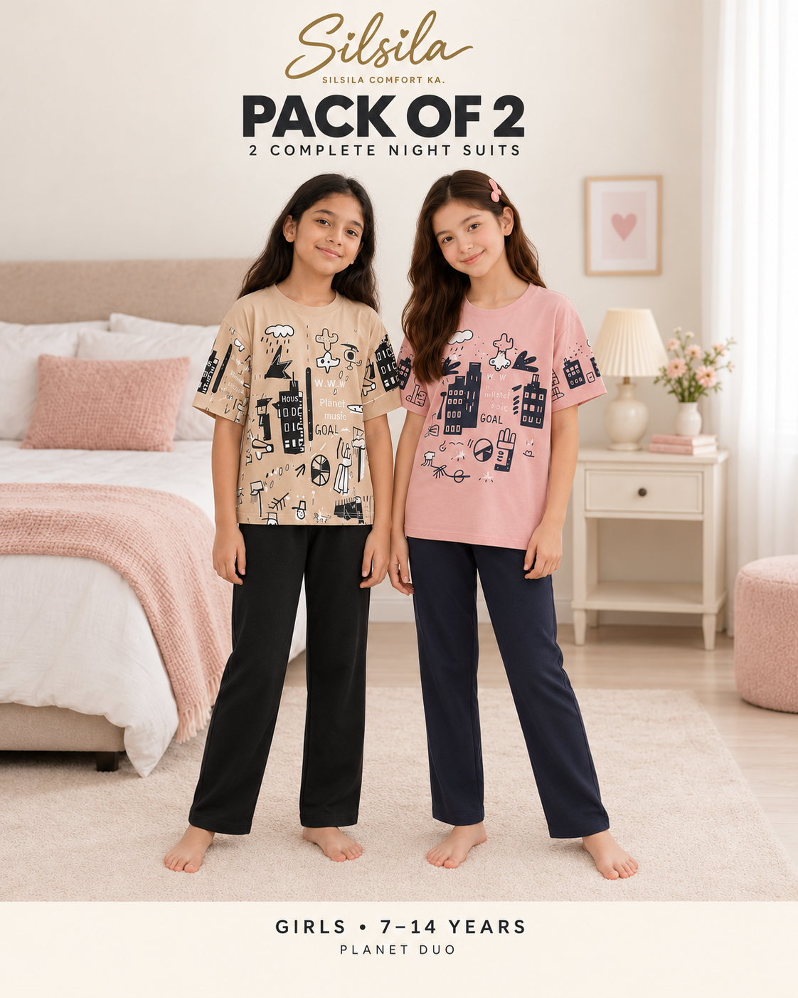 Pack of 2 Girls Night Suits – Brown Planet + Pink Planet