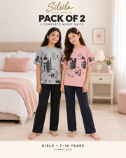 Pack of 2 Girls Night Suits – Grey Planet + Pink Planet