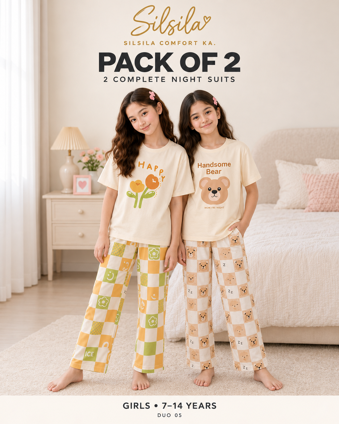 Fashion by INZ Pack of 2 Girls Night Suits (7–14 Years) – Happy Flower + Handsome Panda