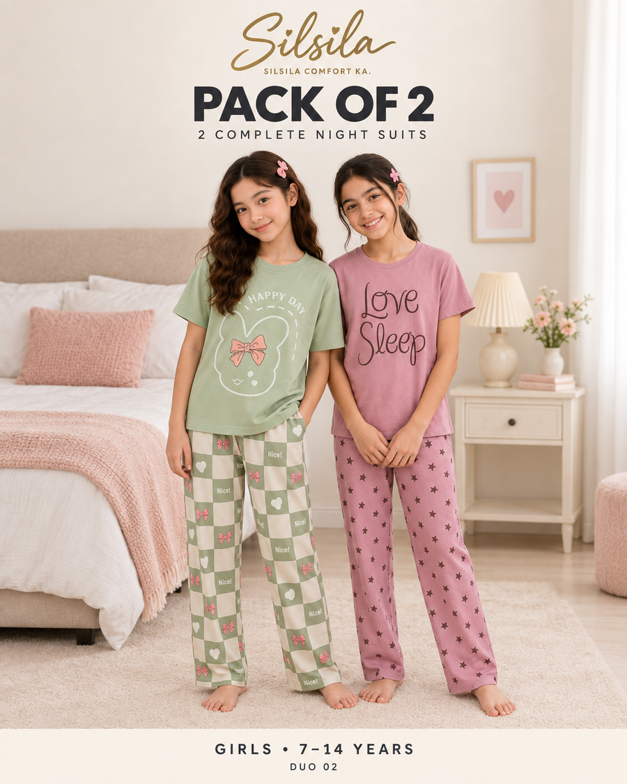 Fashion by INZ Pack of 2 Girls Night Suits (7–14 Years) – Pista + Love Sleep