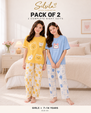 Fashion by INZ Pack of 2 Girls Night Suits (7–14 Years) – Yellow Panda + Happy Day
