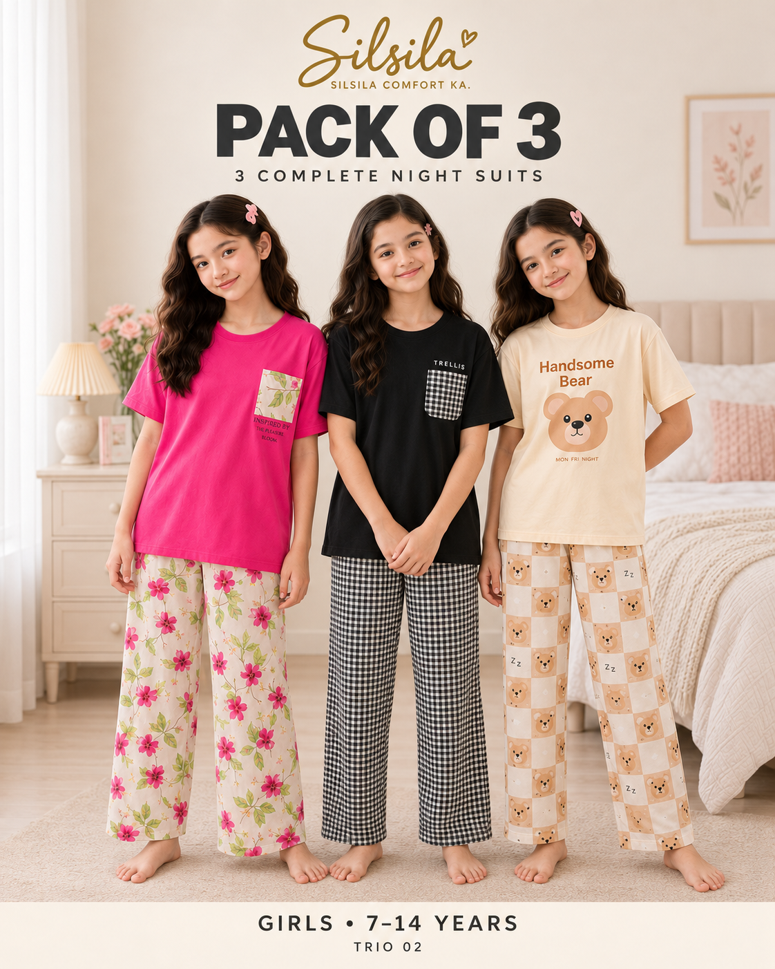 Fashion by INZ Pack of 3 Girls Night Suits (7–14 Years) – Atishi Leaf + Trellis + Handsome Panda