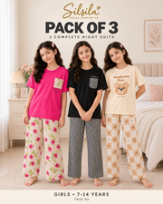 Fashion by INZ Pack of 3 Girls Night Suits (7–14 Years) – Atishi Leaf + Trellis + Handsome Panda