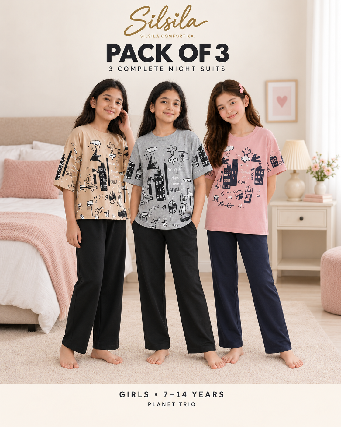 Pack of 3 Girls Night Suits – Brown Planet + Grey Planet + Pink Planet