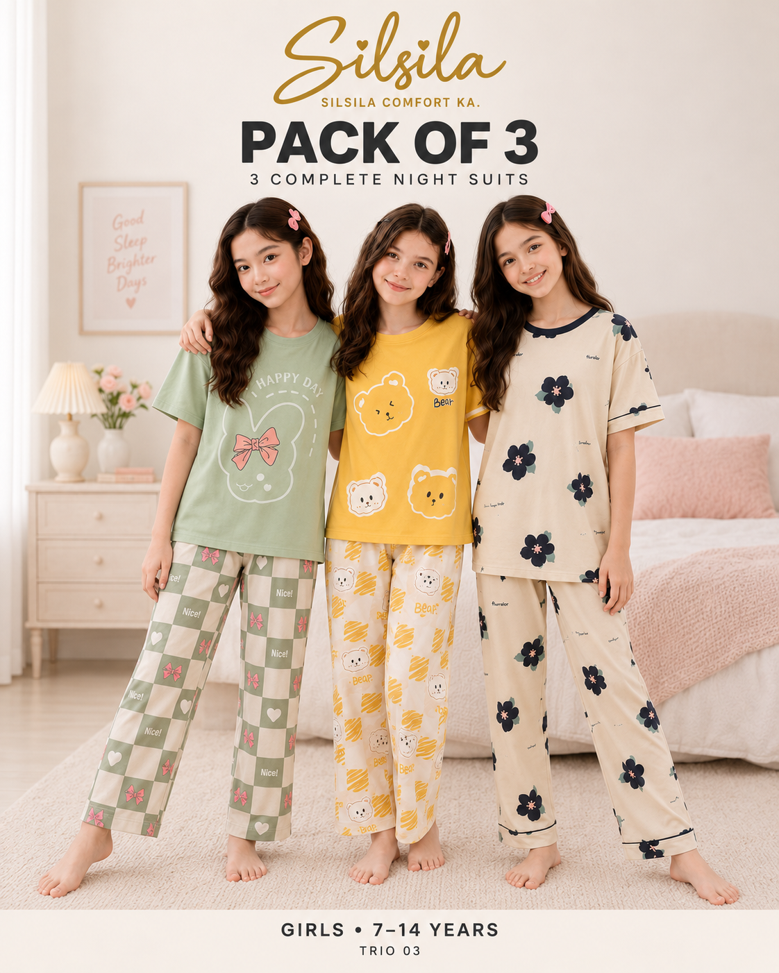 Fashion by INZ Pack of 3 Girls Night Suits (7–14 Years) – Pista + Yellow Panda + Skin Flower