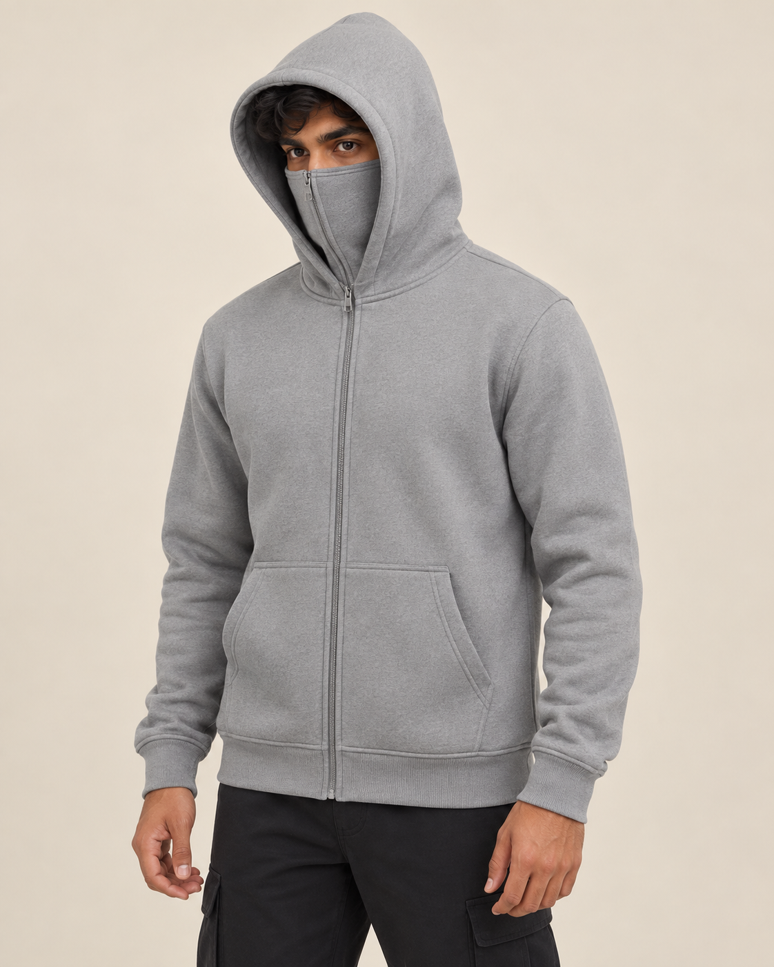 Grey Cyber Mask hoodie plain front model view with high zip collar
