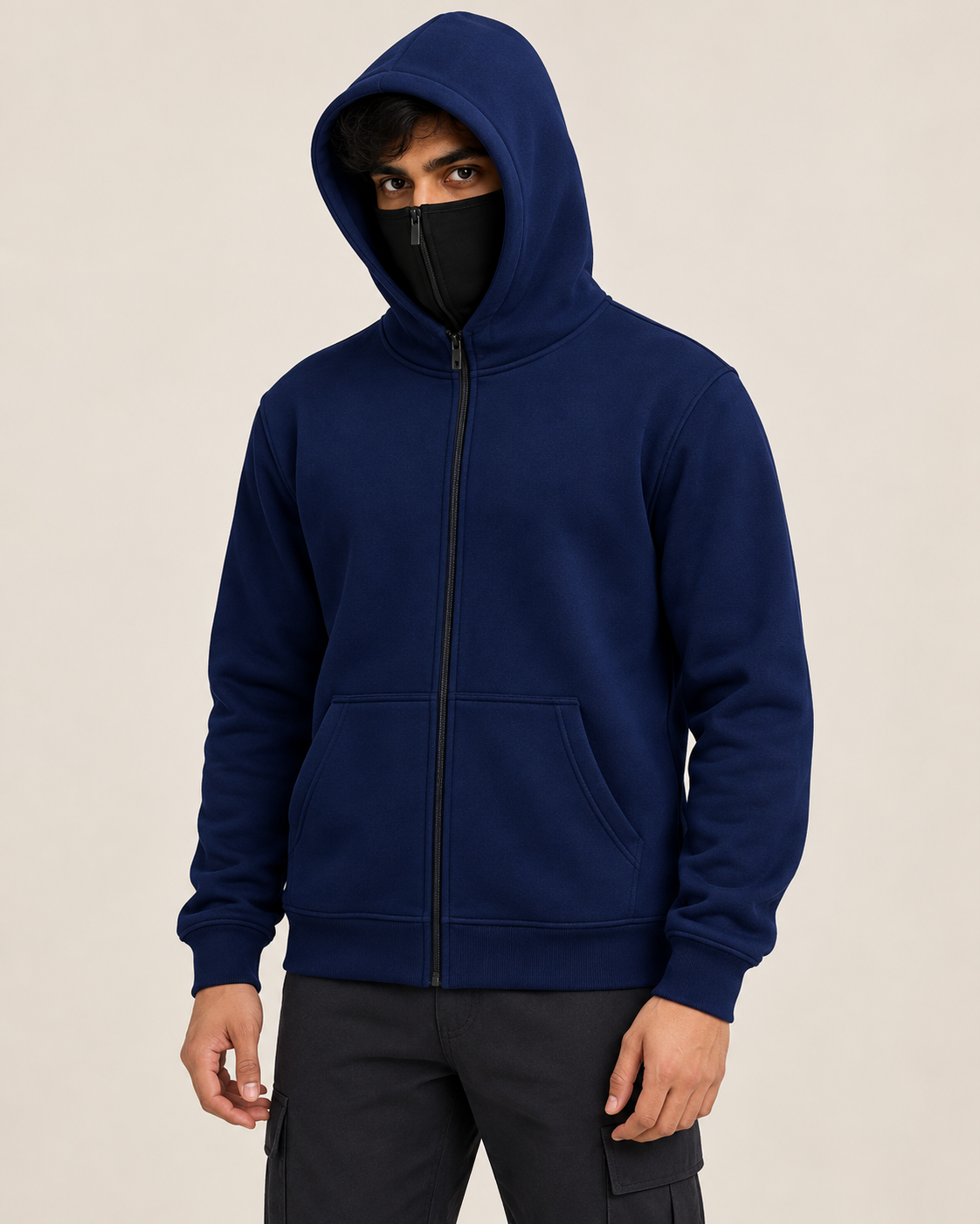 Navy Cyber Mask hoodie plain front model view with high zip collar