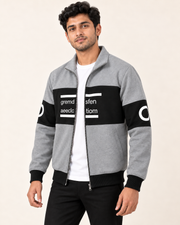 Grey & Black Colourblock Fleece Zip-Up Jacket — three-quarter front model view