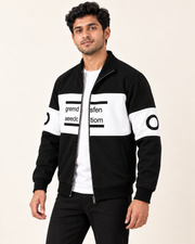 Black & White Colourblock Fleece Zip-Up Jacket — three-quarter front model view